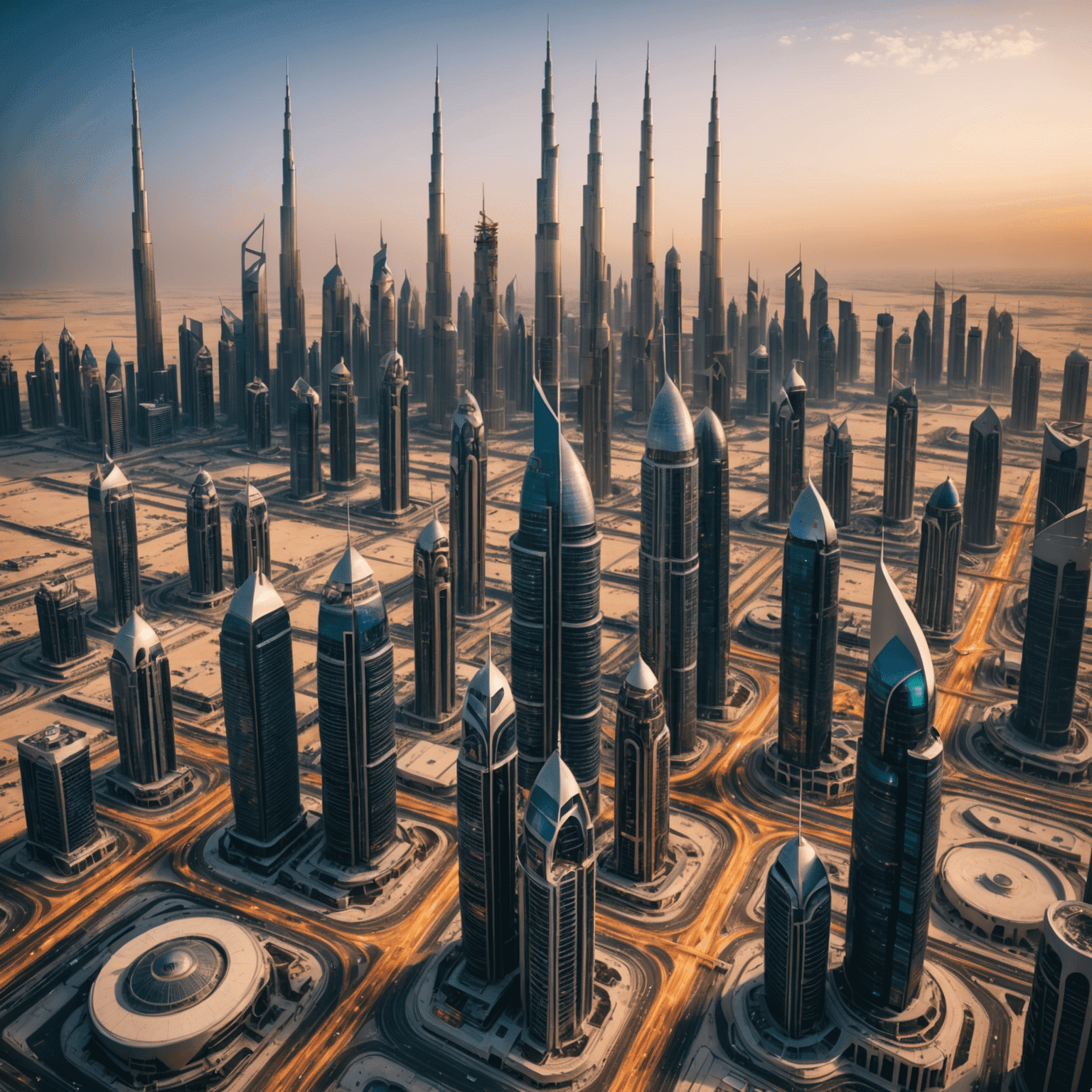 صورة توضيحية لشبكة الجيل الخامس 5G في الإمارات العربية المتحدة، تظهر أبراج اتصالات حديثة وسط مباني دبي الشاهقة