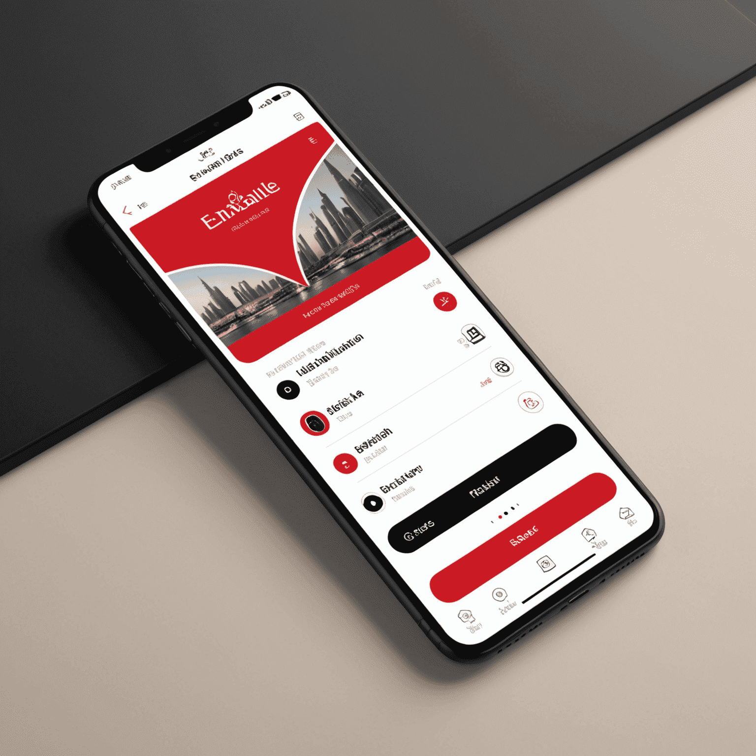 واجهة مستخدم لتطبيق جوال إماراتي مبتكر يعرض تصميمًا أنيقًا بألوان أحمر وأسود وأبيض