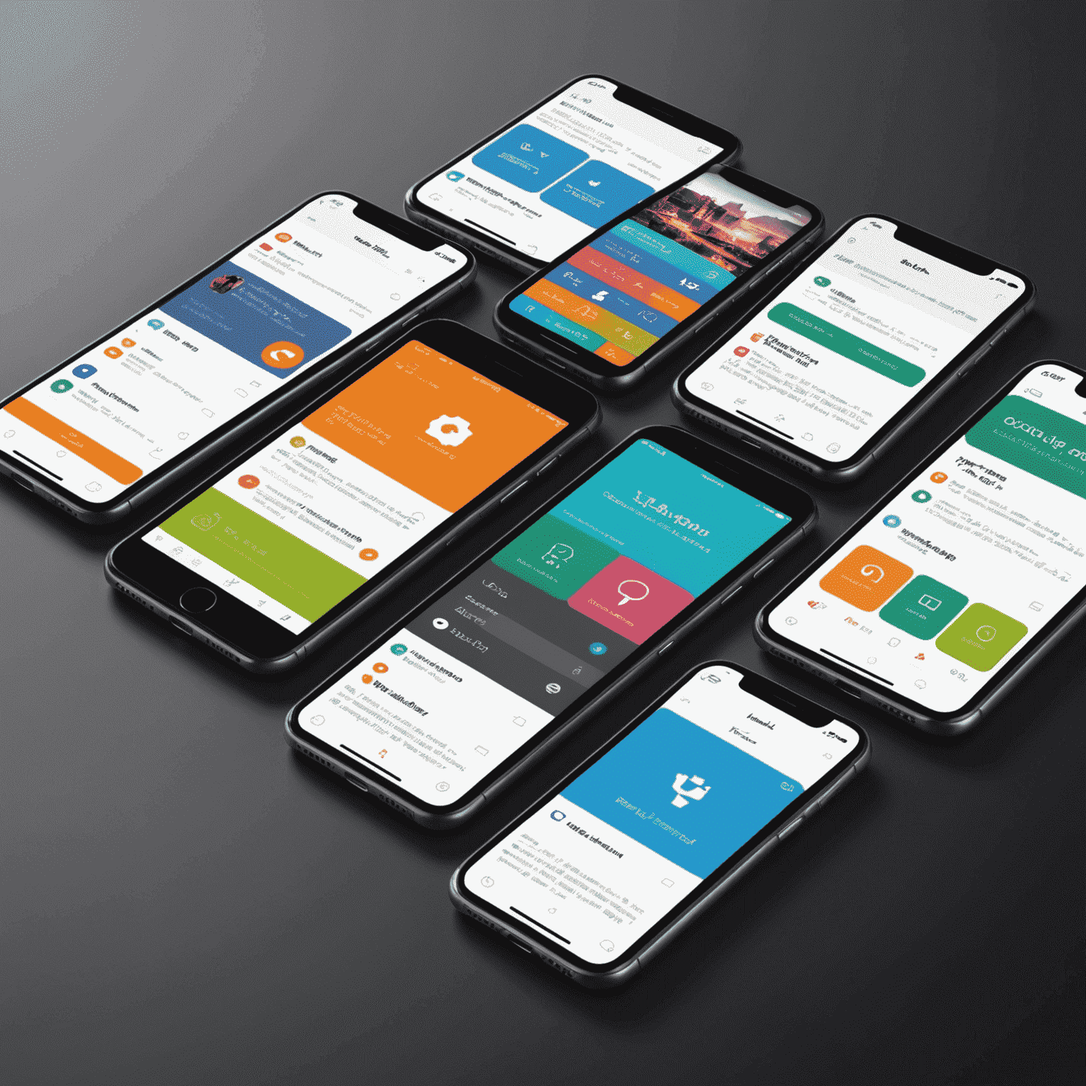 صورة توضيحية لتطوير تطبيقات الهاتف المحمول، تظهر شاشات متعددة لأجهزة iOS وAndroid مع واجهات مستخدم عربية مخصصة لسوق الإمارات العربية المتحدة