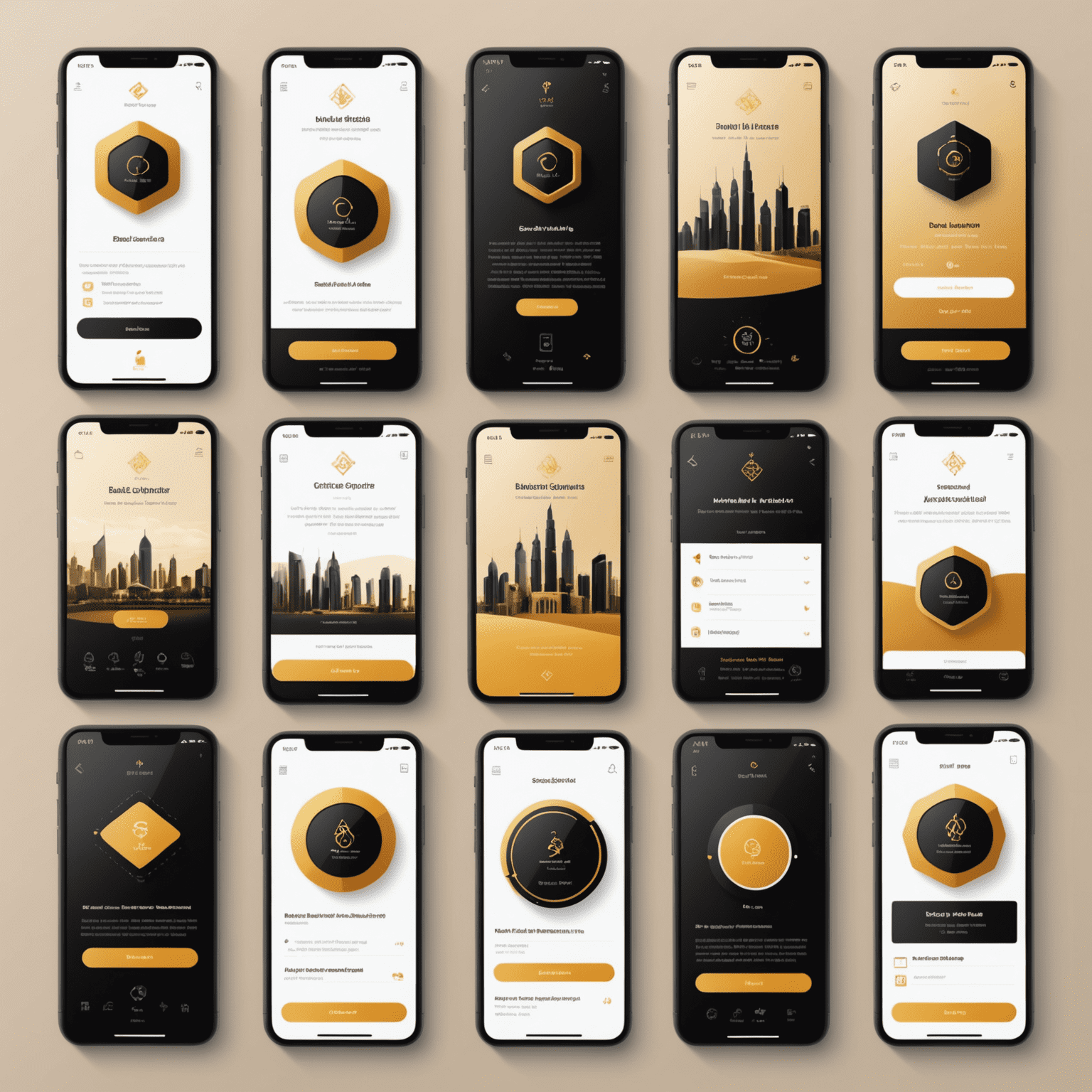 مجموعة من الشاشات لتطبيق جوال إماراتي يوضح مختلف الوظائف المبتكرة