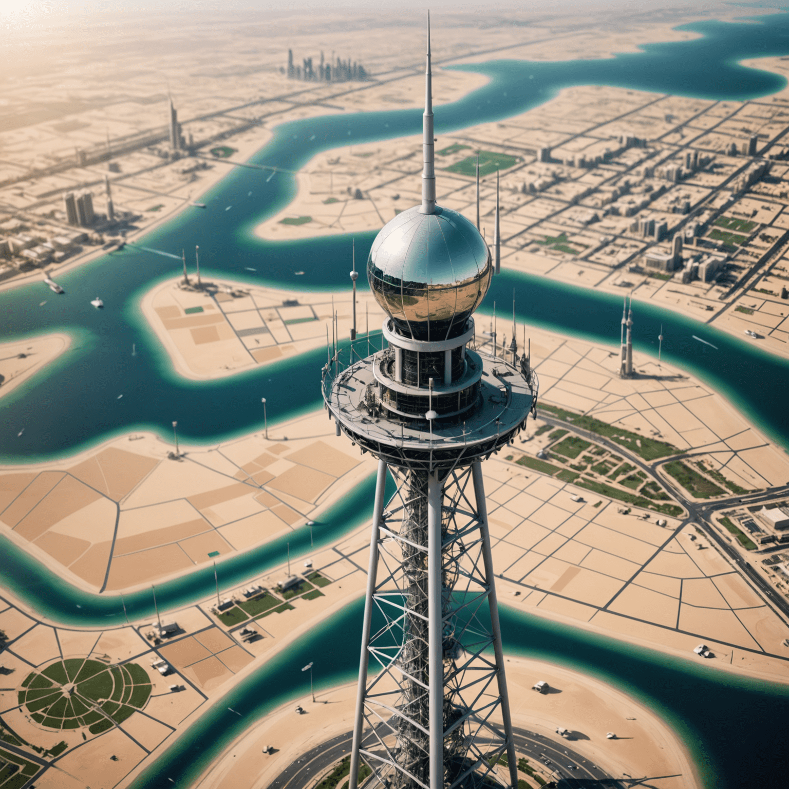 صورة لبرج اتصالات 5G مع خريطة دولة الإمارات في الخلفية توضح تغطية الشبكة